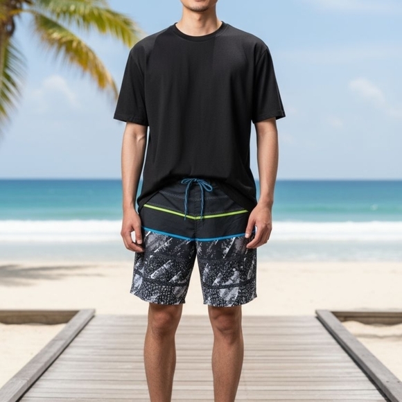 George Men XL (40-42) Black Blue Abstract Patterned 9" Swim Shorts Drawstring - Picture 3 of 9